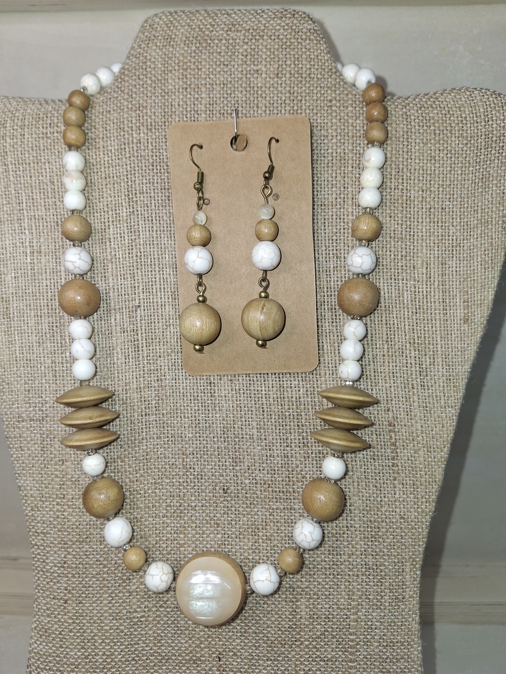 Neutral Wood & Howlite Beaded Necklace and Earring Set